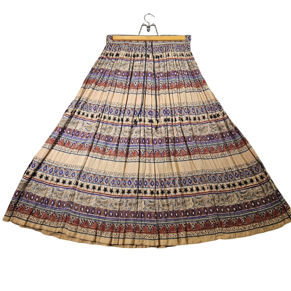 Sag Harbor Womens Medium Broomstick Maxi Skirt Southwestern Bird Print Rayon Tan